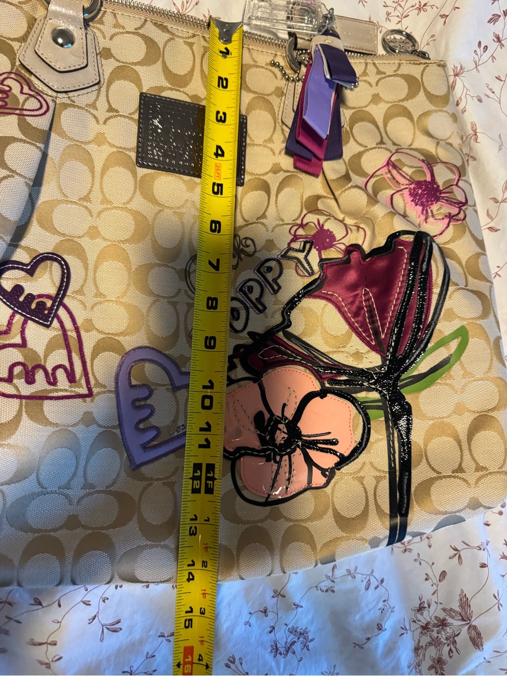 NWT COACH Poppy Canvas Handbag Beige Purple Heart Flower Embroidery Authentic - Picture 10 of 16